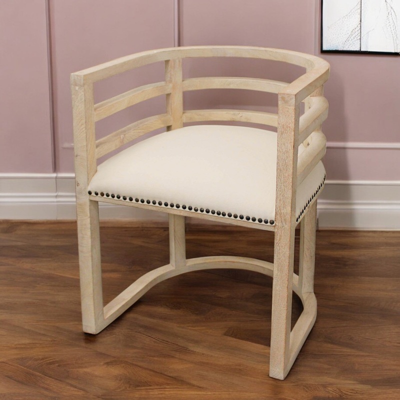 Ivory And Natural Upholstered Linen Curved Back Dining Arm Chair By Homeroots