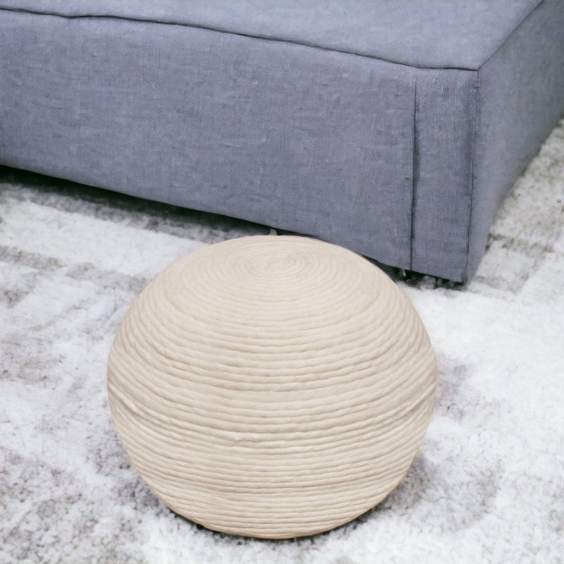 Ivory Wool Round Ribbed Pouf Ottoman By Homeroots
