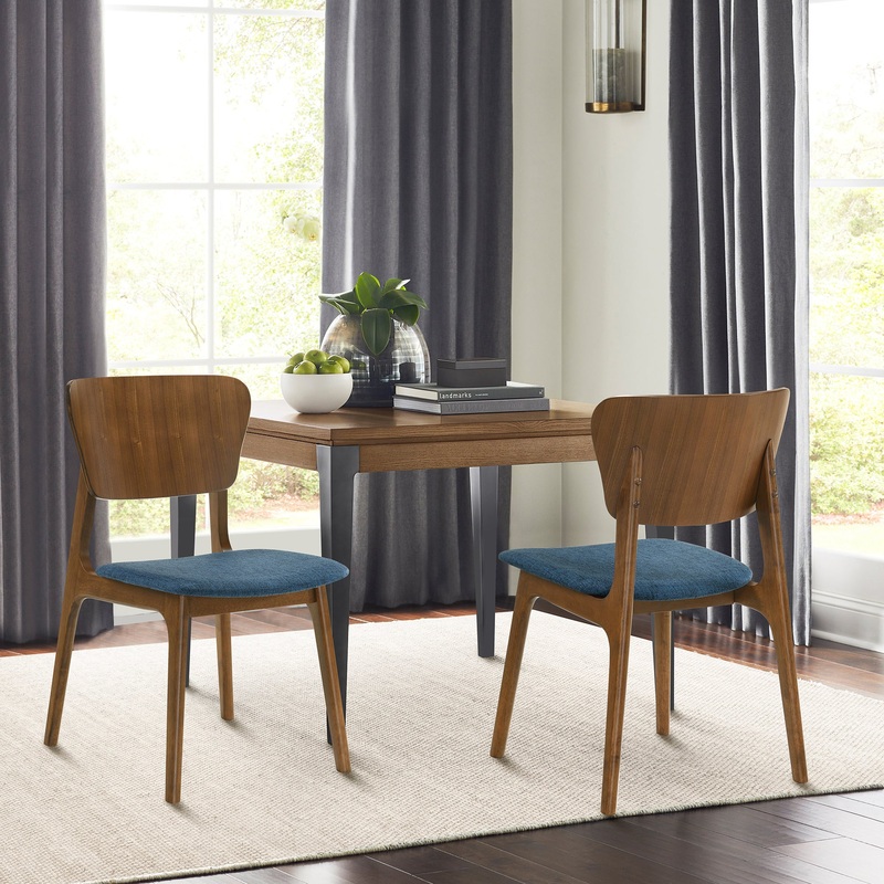 Kalia Wood Dining Chair in Walnut Finish with Blue Fabric - Set of 2 By Armen Living