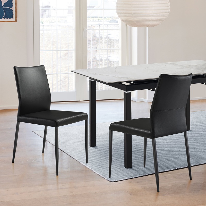 Kash Upholstered Dining Chair in Black Faux Leather with Black Metal Legs - Set of 2 By Armen Living