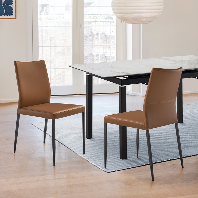 Kash Upholstered Dining Chair in Brown Faux Leather with Black Metal Legs - Set of 2 By Armen Living