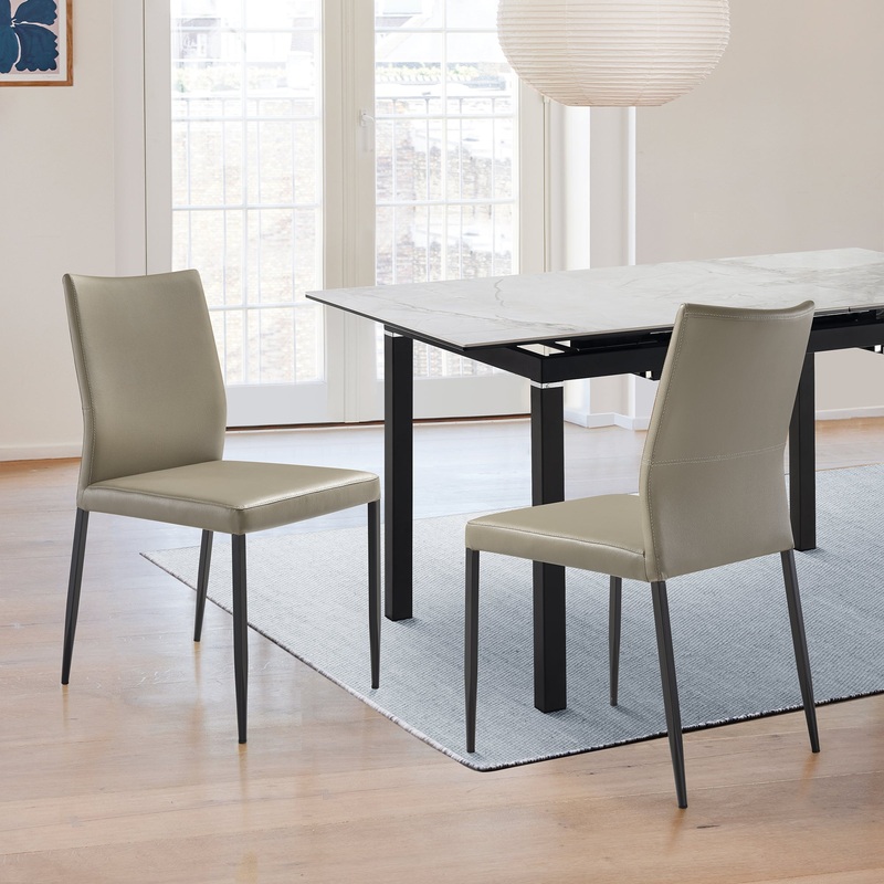 Kash Upholstered Dining Chair in Taupe Gray Faux Leather and Black Metal Legs - Set of 2 By Armen Living