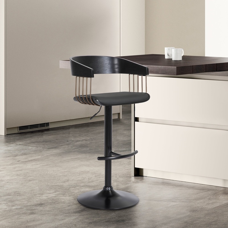 Larisa Adjustable Black Wood Bar Stool in Black Faux Leather with Golden Bronze and Black Metal By Armen Living