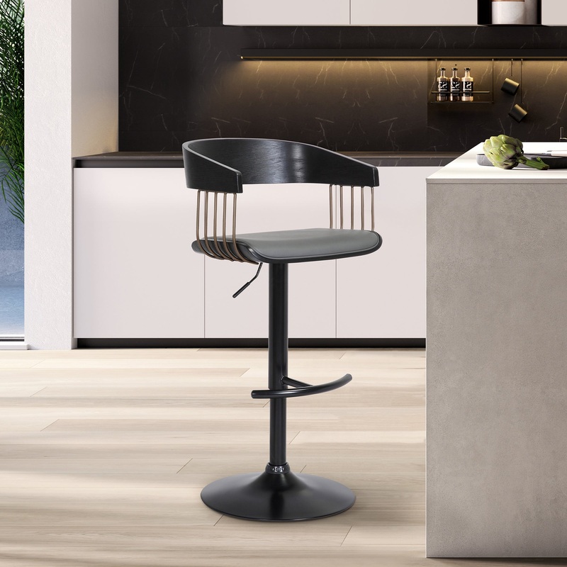 Larisa Adjustable Black Wood Bar Stool in Gray Faux Leather with Golden Bronze and Black Metal By Armen Living