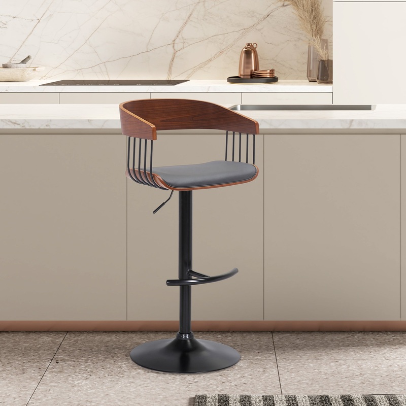Larisa Adjustable Walnut Wood Bar Stool in Gray Faux Leather with Black Metal By Armen Living
