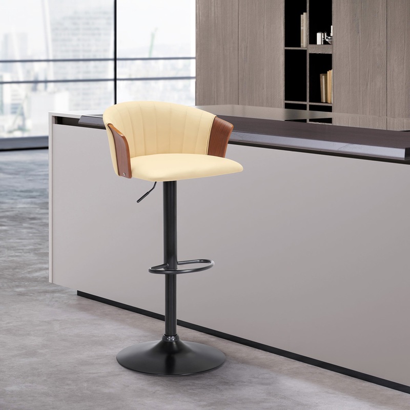 Lydia Adjustable Walnut Wood Bar Stool in Cream Faux Leather with Black Metal By Armen Living