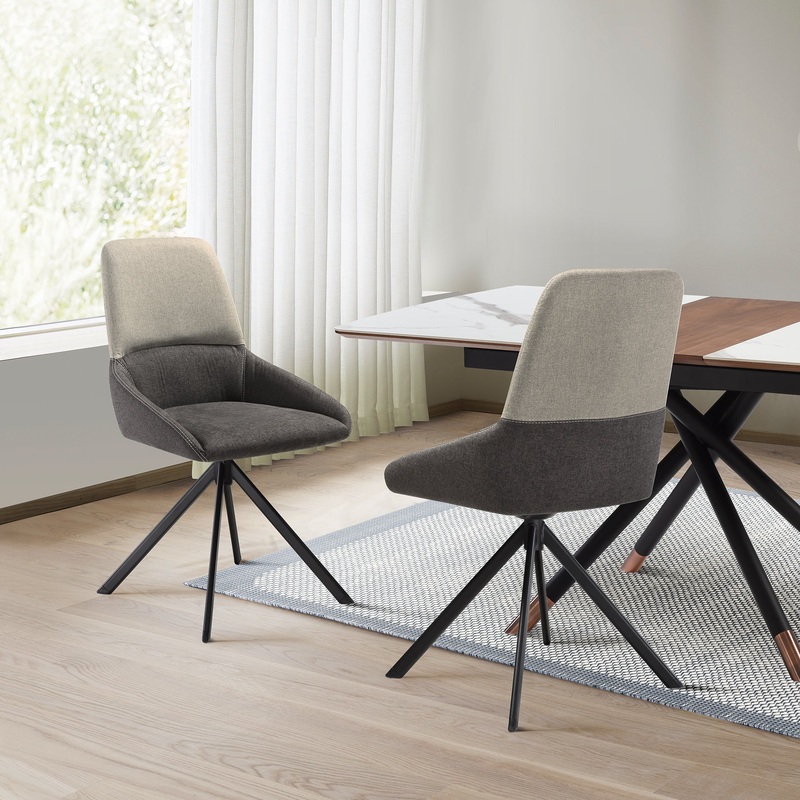 Maverick Swivel Upholstered Dining Chair in Two-Tone Fabric Gray with Black Metal Legs - Set of 2 By Armen Living