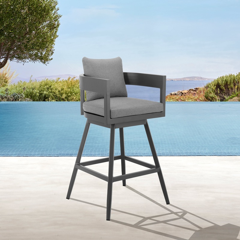 Menorca Outdoor Patio Swivel Bar Stool in Aluminum with Gray Cushions By Armen Living