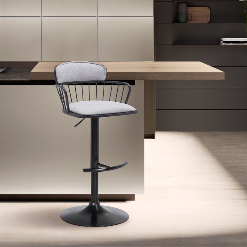 Nash Adjustable Black Wood Bar Stool in Light Gray Fabric with Black Metal By Armen Living