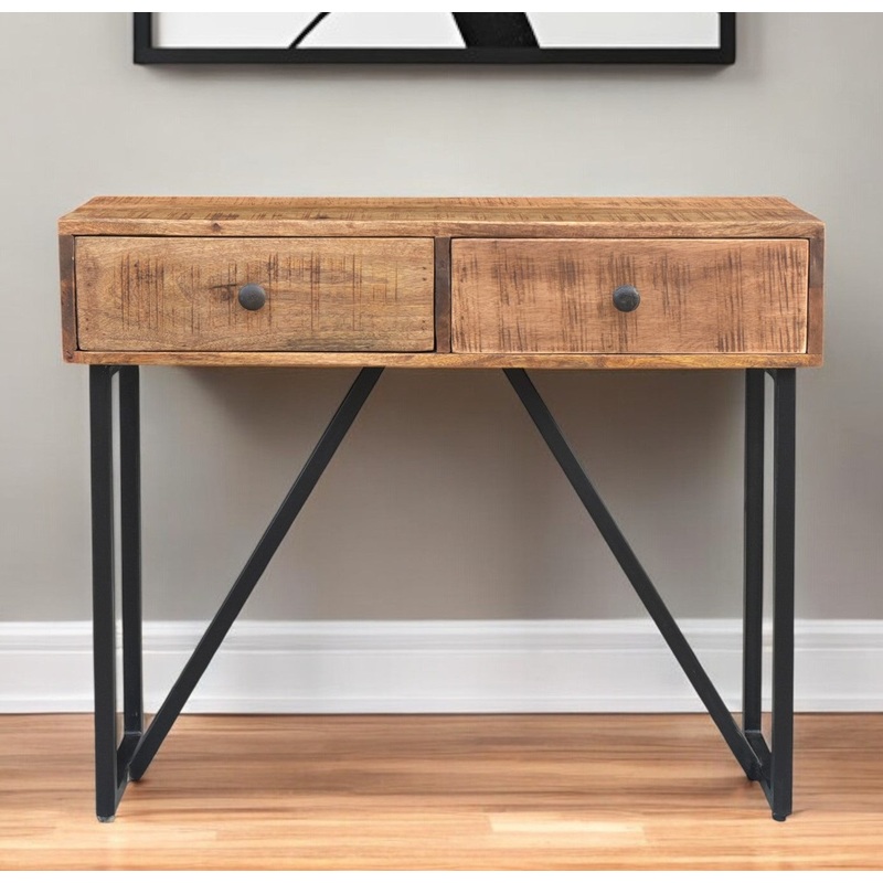 Natural and Black Solid Wood Distressed Frame Console Table And Drawers By Homeroots