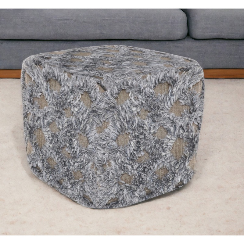 Natural and Gray Wool Cotton Blend Cube Geometric Pouf Ottoman By Homeroots
