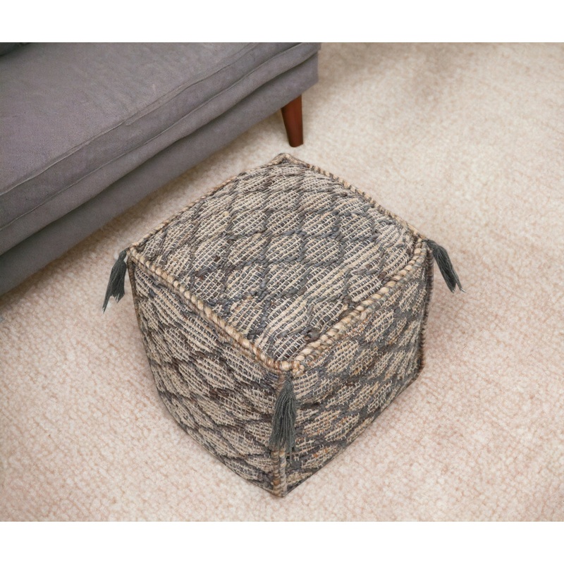 Natural Gray And Taupe Jute Cube Trellis Pouf Ottoman By Homeroots