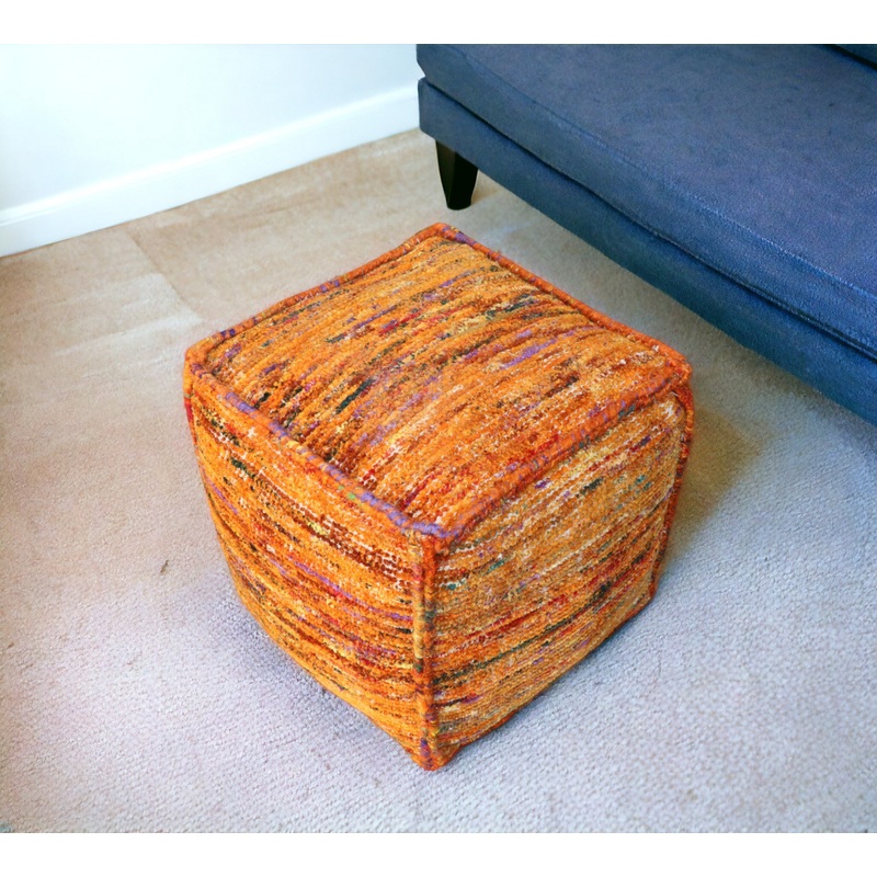 Orange Recycled Silk and Cotton Blend Cube Pouf Ottoman By Homeroots