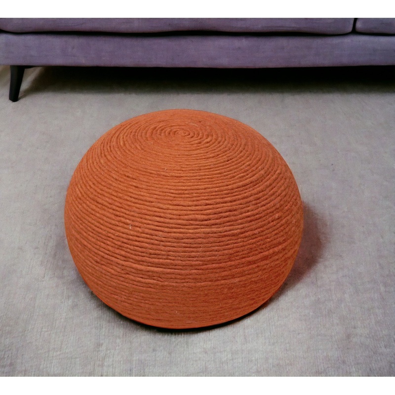 Orange Wool Round Ribbed Pouf Ottoman By Homeroots