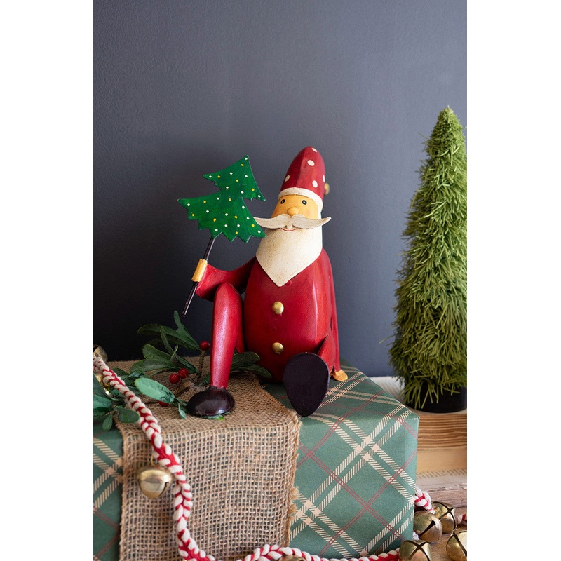Painted Iron Santa Sitting With Tree By Kalalou