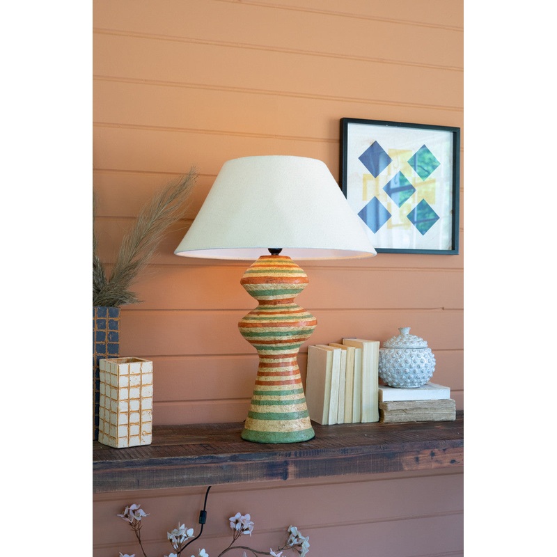 Paper Mache Lamp Base With Green And Rust Rings By Kalalou