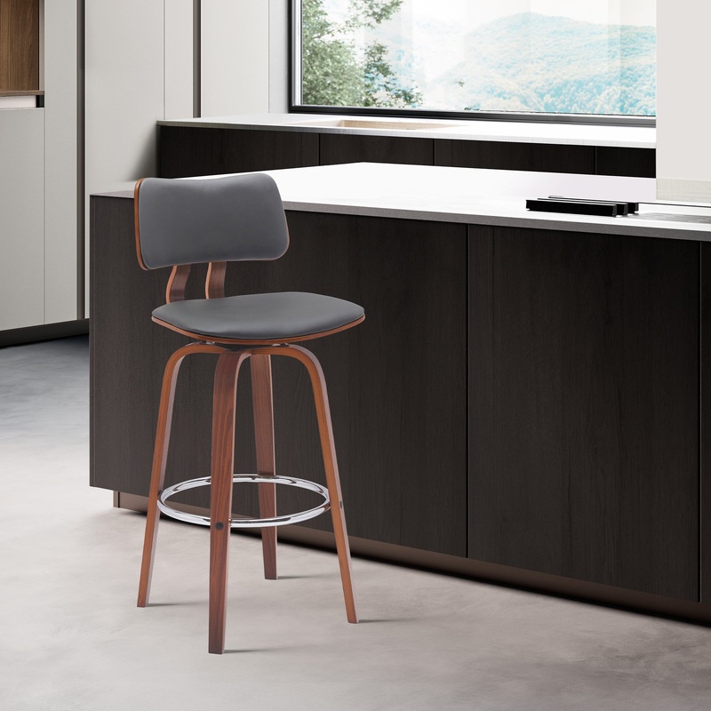 Pico 26" Swivel Walnut Wood Counter Stool in Gray Faux Leather with Chrome By Armen Living