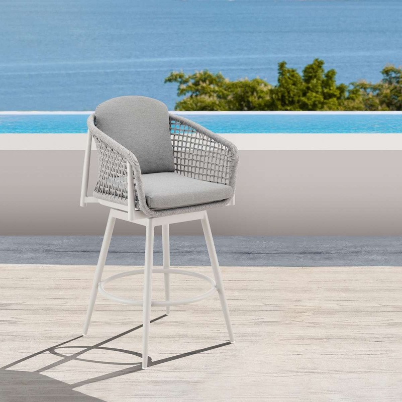 Rhodes Outdoor Patio Swivel Counter Stool in Aluminum with Light Gray Rope and Cushions By Armen Living