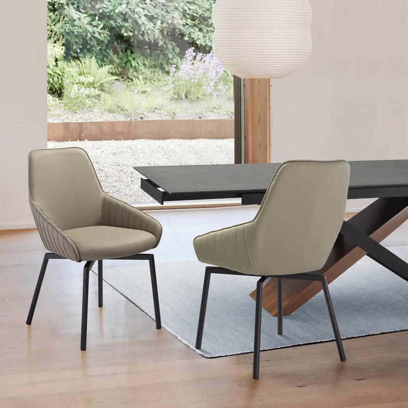 Shilo Swivel Upholstered Dining Chair in Taupe Gray Faux Leather with Black Metal Legs - Set of 2 By Armen Living