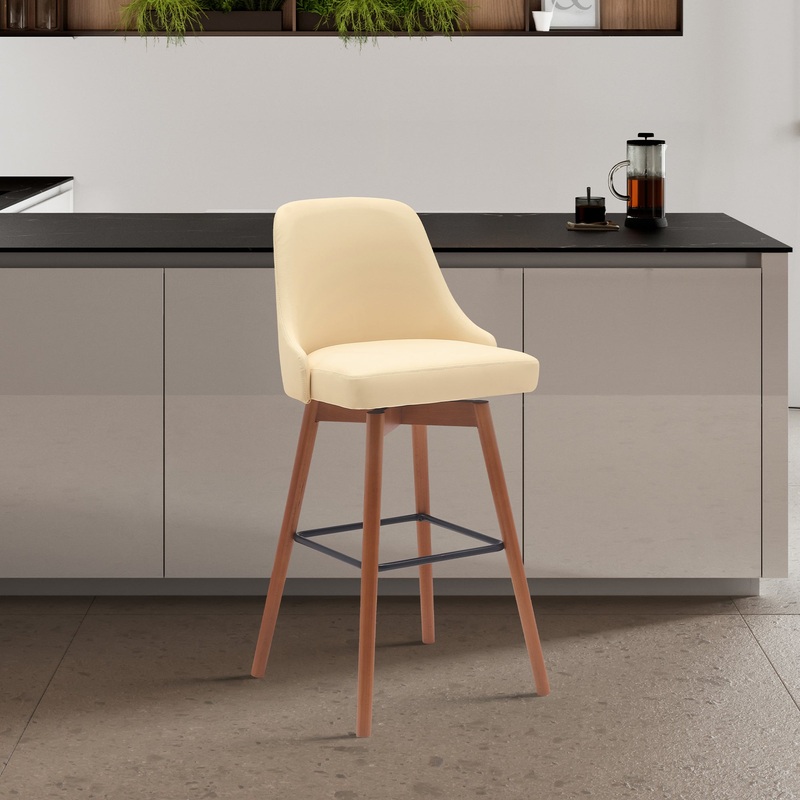Sicily 26" Swivel Walnut Wood Counter Stool in Cream Faux Leather By Armen Living