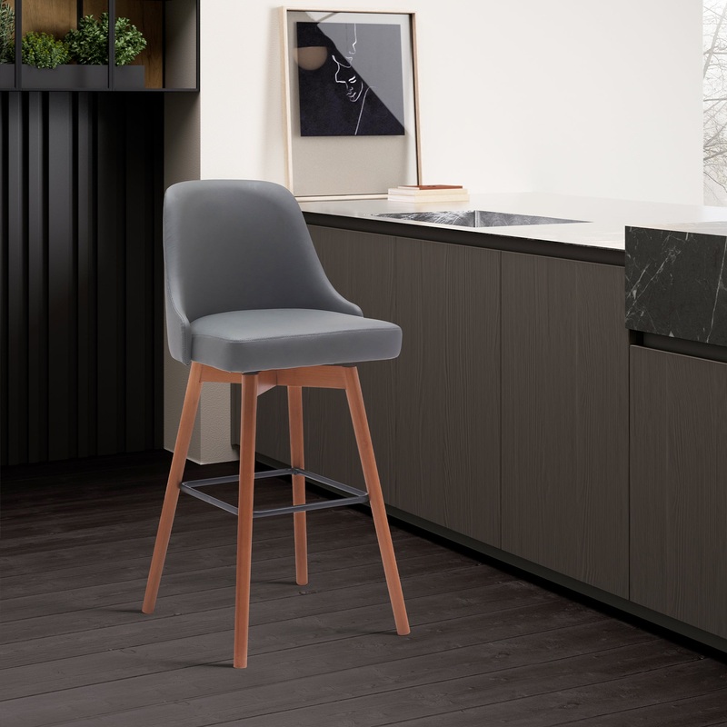 Sicily 30" Swivel Walnut Wood Bar Stool in Gray Faux Leather By Armen Living