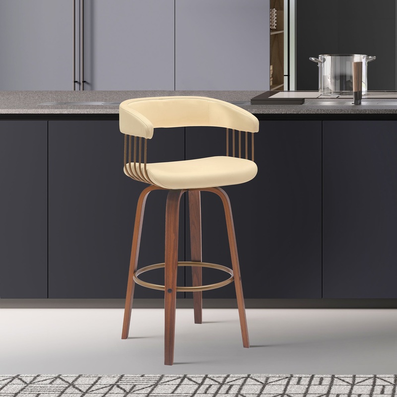 Topanga 26" Swivel Walnut Wood Counter Stool in Cream Faux Leather with Golden Bronze Metal By Armen Living