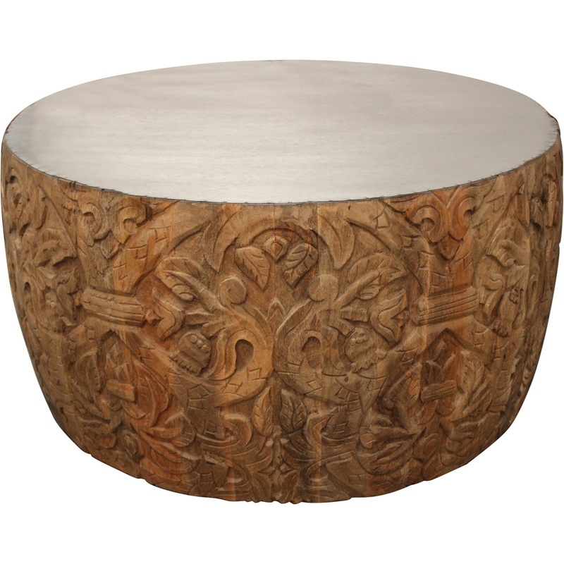 White and Natural Iron and Solid Wood Round Drum Coffee Table By Homeroots