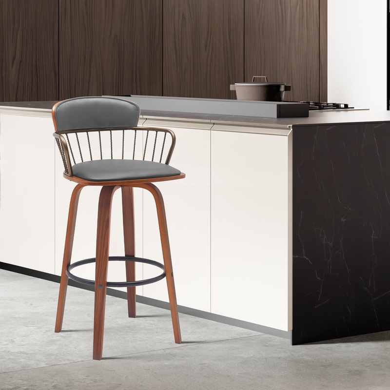 Willow 25.5" Swivel Walnut Wood Counter Stool in Gray Faux Leather with Golden Bronze Metal By Armen Living