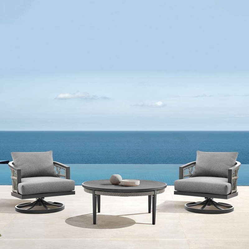 Zella Outdoor Patio 3 Piece Swivel Seating Set in Aluminum with Light Gray Rope and Cushions By Armen Living