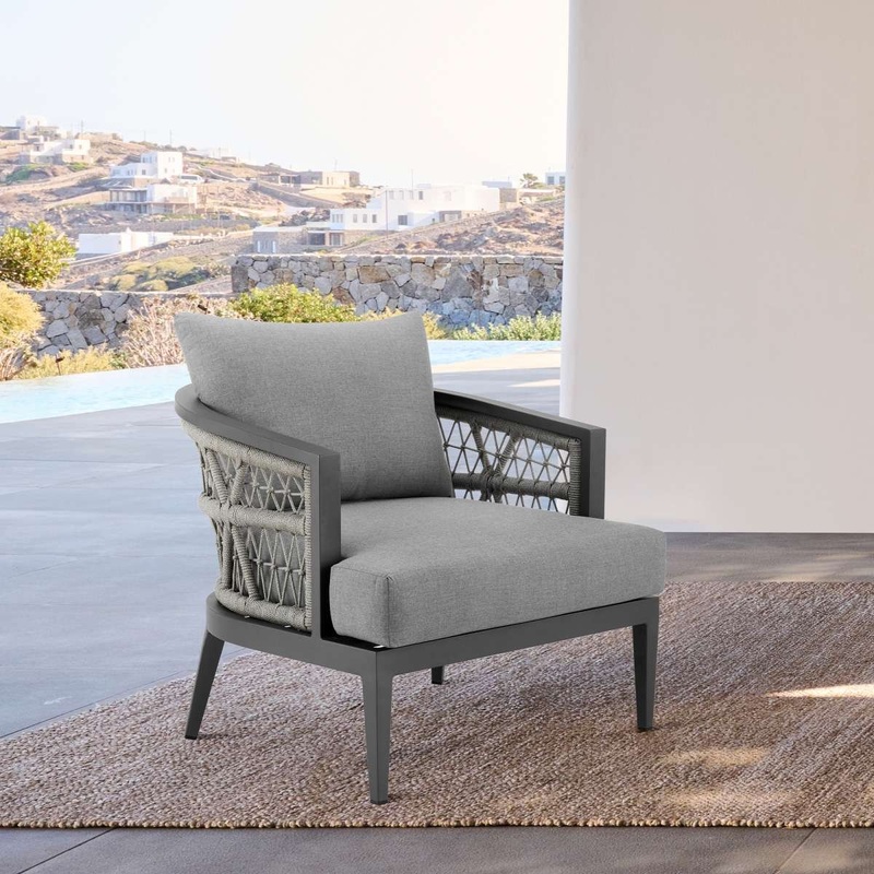 Zella Outdoor Patio Armchair in Aluminum with Light Gray Rope and Earl Gray Cushions By Armen Living