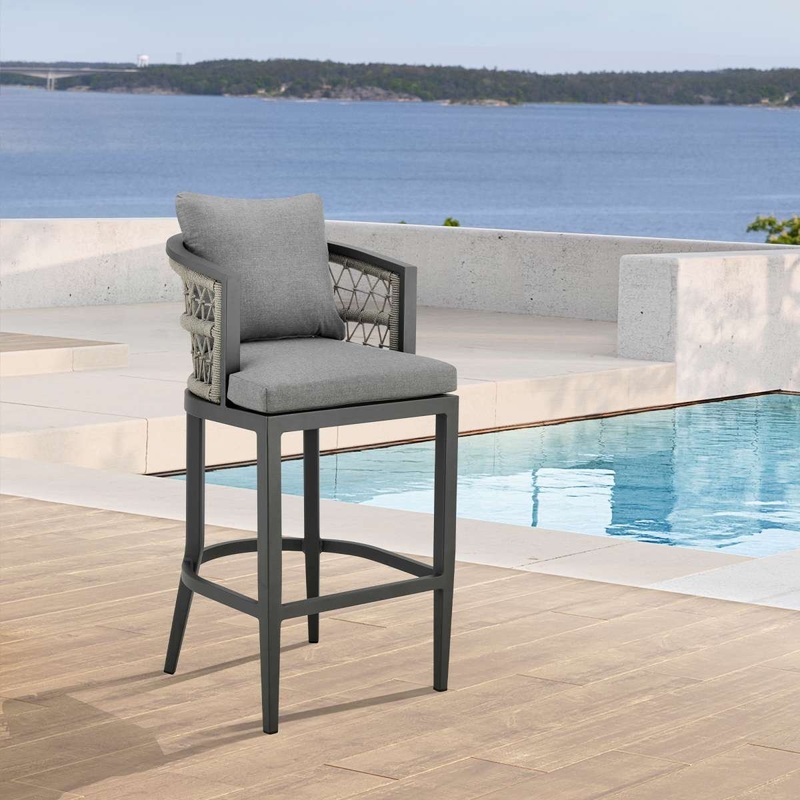 Zella Outdoor Patio Counter Stool in Aluminum with Light Gray Rope and Earl Gray Cushions By Armen Living