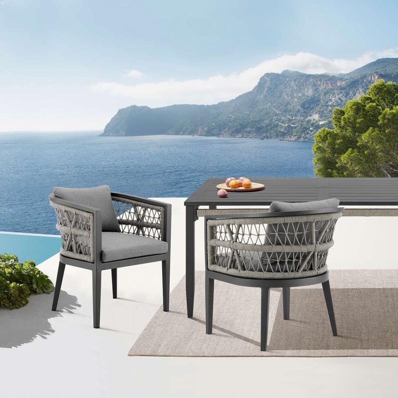 Zella Outdoor Patio Dining Chair in Aluminum with Light Gray Rope and Earl Gray Cushions - Set of 2 By Armen Living