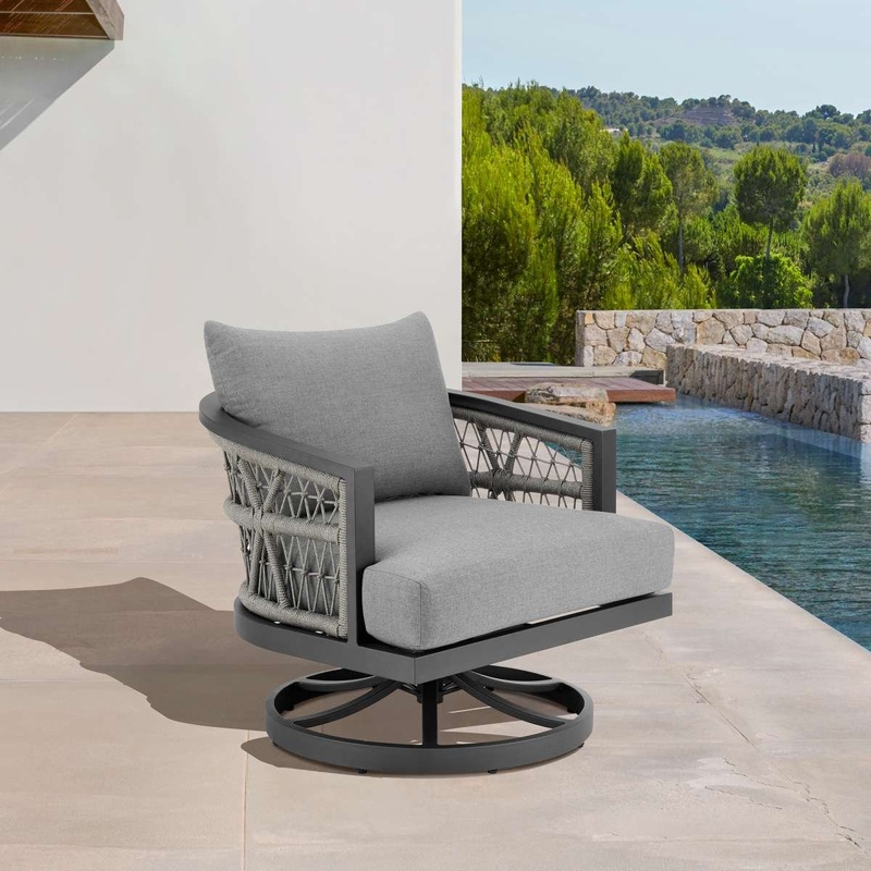 Zella Outdoor Patio Swivel Armchair in Aluminum with Light Gray Rope and Earl Gray Cushions By Armen Living