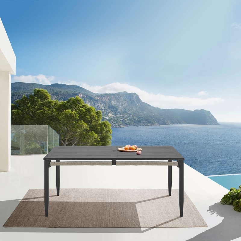 Zella Rectangular Dining Table in Aluminum with Charcoal Finish and Light Gray Rope By Armen Living