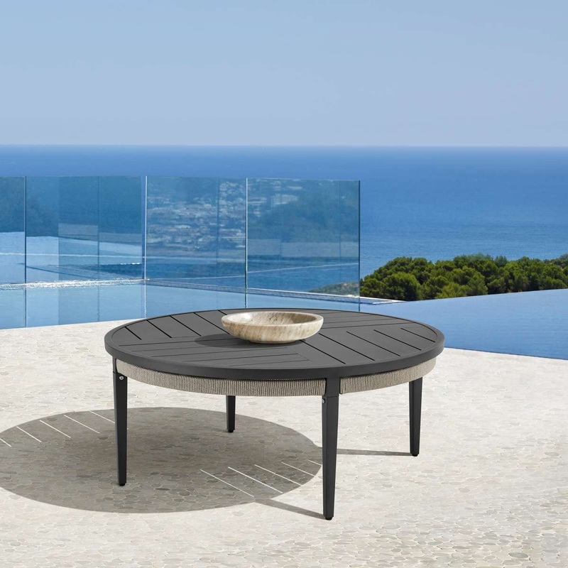 Zella Round Coffee Table in Aluminum with Charcoal Finish and Light Gray Rope By Armen Living