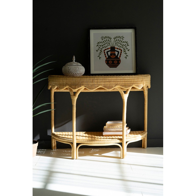 Demi-Lune Double Shelf Rattan Console Table By Kalalou