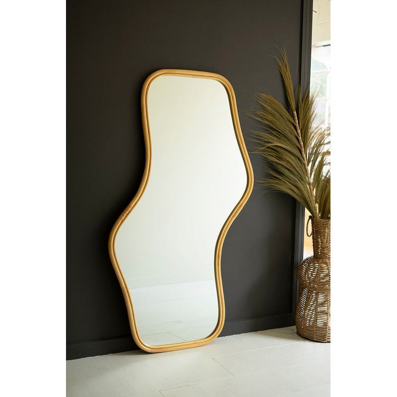 Large Wavy Rattan Floor Mirror By Kalalou