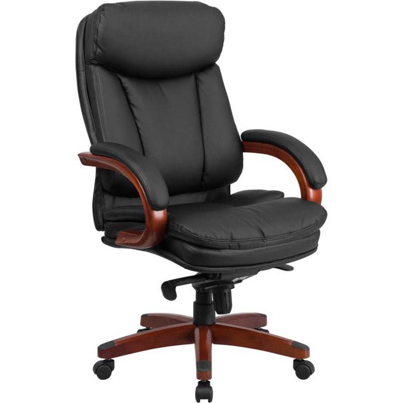 Flash Furniture High Back Black Leather Executive Swivel Office Chair With Synchro-Tilt Mechanism And Mahogany Wood Base