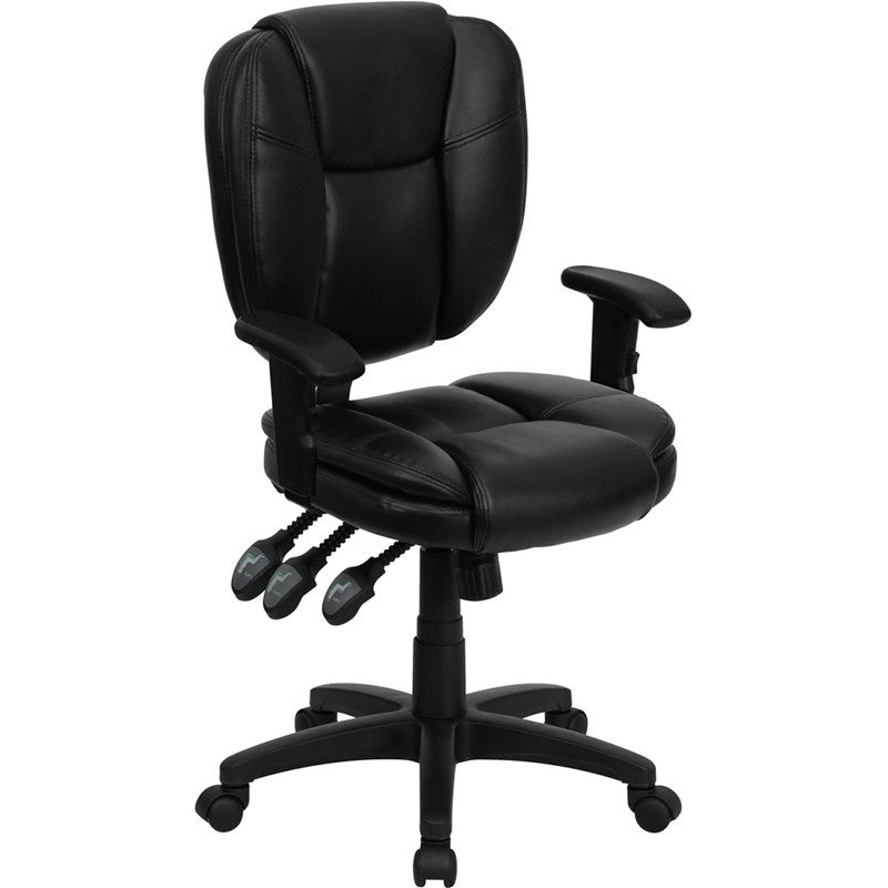 Flash Furniture Mid-Back Black Leather Multi-Functional Ergonomic Swivel Task Chair With Height Adjustable Arms