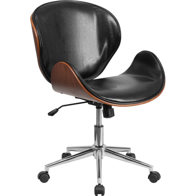 Flash Furniture Mid-Back Walnut Wood Swivel Conference Chair In Black Leather