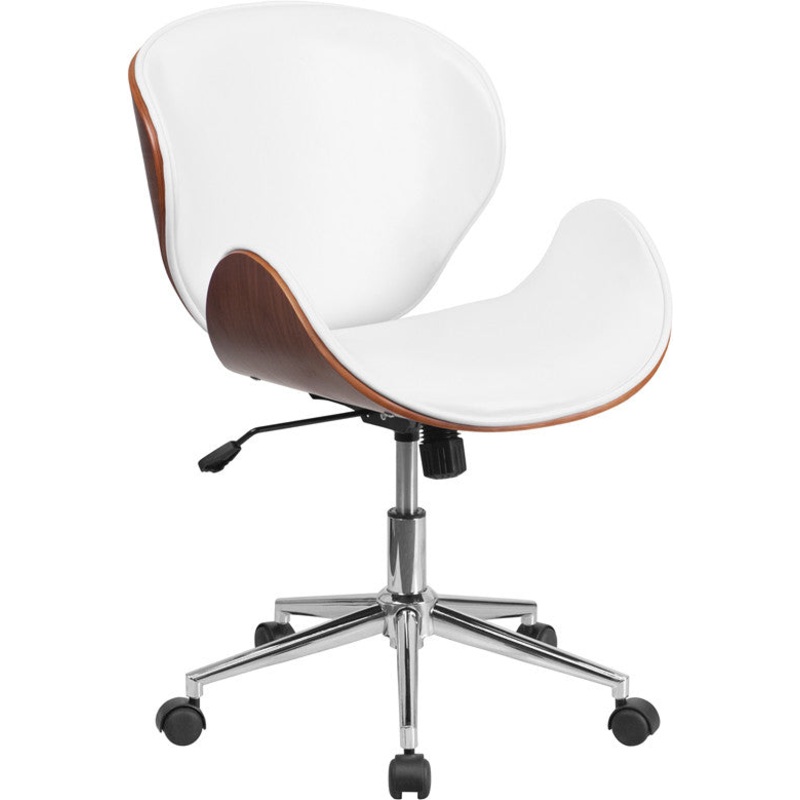 Flash Furniture Mid-Back Walnut Wood Swivel Conference Chair In White Leather