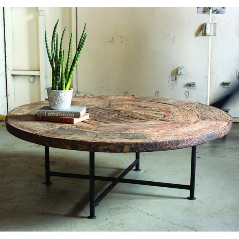 Kalalou Antique Wooden Wagon Wheel Coffee Table With Iron Base