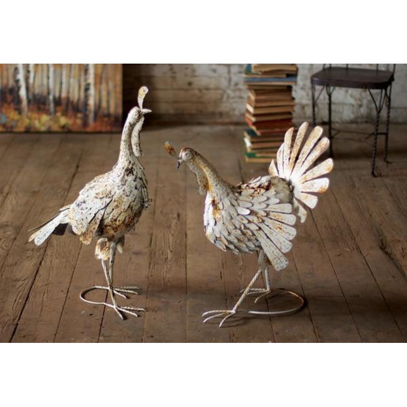 Kalalou Antiqued Distressed White Metal Turkeys - Set Of 2