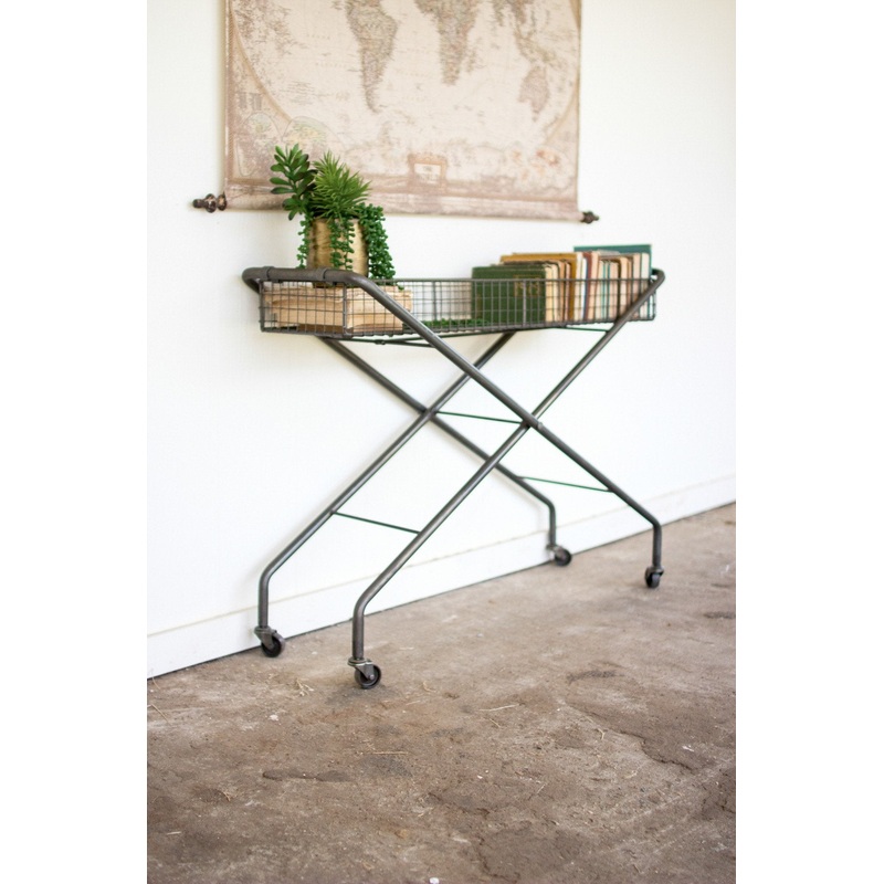 Kalalou Rolling Metal Basket Console Table