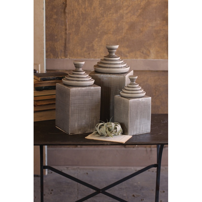 Kalalou Textured Ceramic Canisters With Pyramid Tops - Grey - Set Of 3