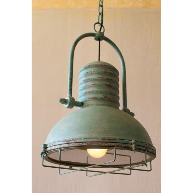 Kalalou Antique Turquoise Pendant Light With Glass And Wire Cage