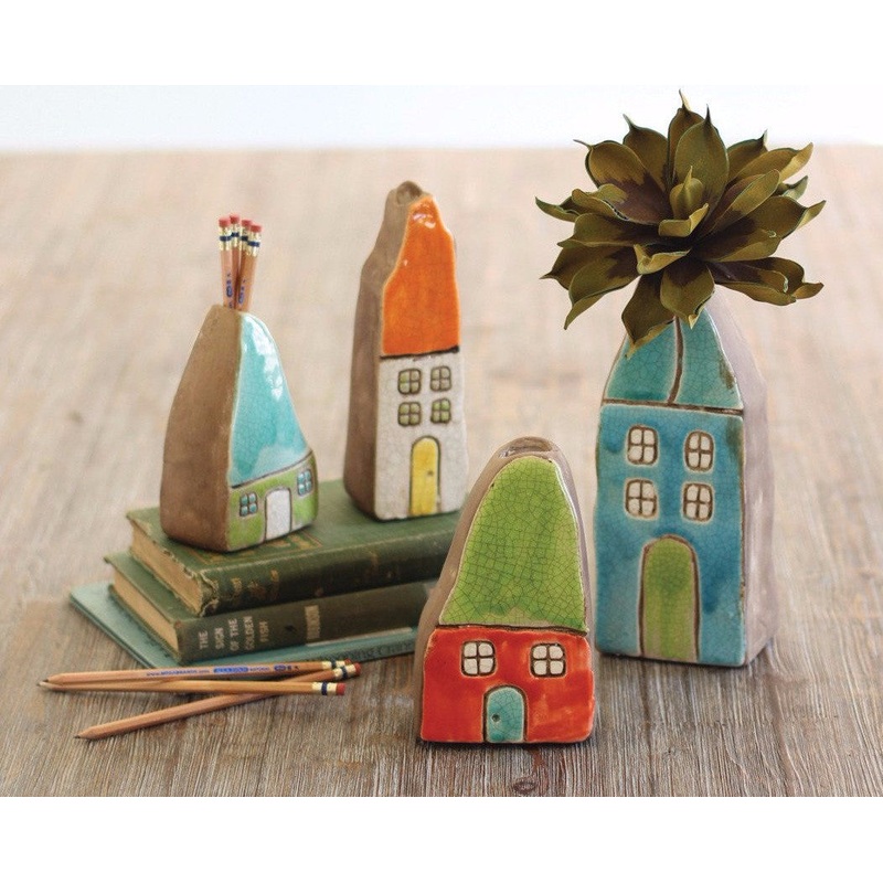 Kalalou Colorful Ceramic House Bud Vases - Set Of 4