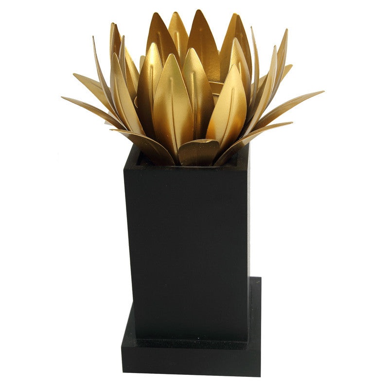 Golden Lotus Wood/Metal Candle Holder - Set Of 2