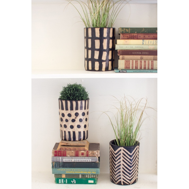 Kalalou Set Of 3 Black And White Clay Lenca Cylinders