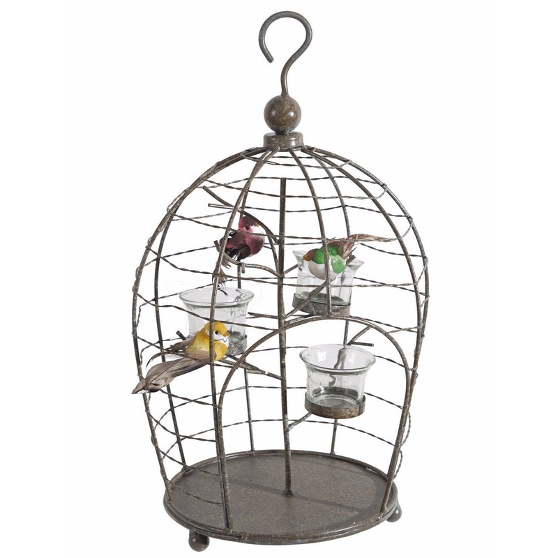 Metal Cage & Birds TeaLights Candle Holder - Set Of 2